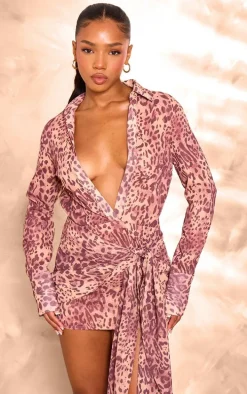 Leopard Print Chiffon Tie Side Shirt Dress