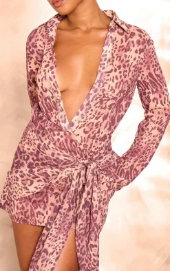 Leopard Print Chiffon Tie Side Shirt Dress