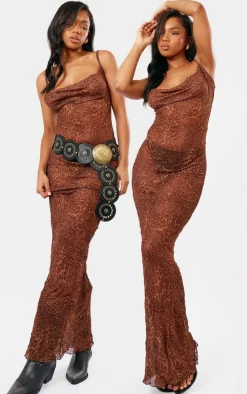 Leopard Print Crinkle Mesh Cowl Neck Maxi Dress