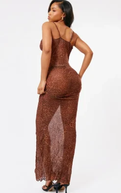 Leopard Print Crinkle Mesh Cowl Neck Maxi Dress