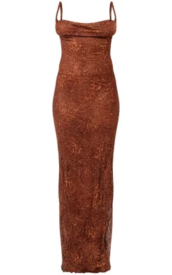 Leopard Print Crinkle Mesh Cowl Neck Maxi Dress