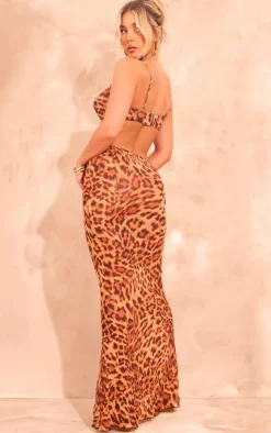 Leopard Print Crinkle Mesh Cut Out Maxi Dress
