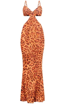 Leopard Print Crinkle Mesh Cut Out Maxi Dress