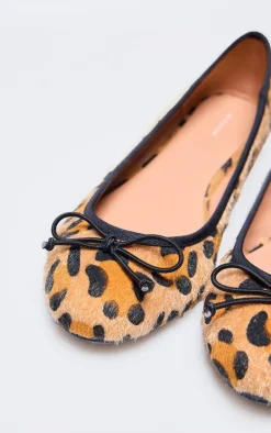 Leopard Print Faux Pony Hair Bow Round Toe Ballet Pump
