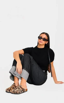 Leopard Print Faux Pony Hair Round Toe Buckle Mule Clog