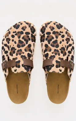 Leopard Print Faux Pony Hair Round Toe Buckle Mule Clog