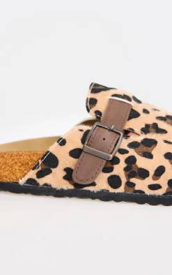 Leopard Print Faux Pony Hair Round Toe Buckle Mule Clog