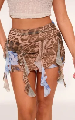 Leopard Print Floral Ruffle Hem Mini Skirt