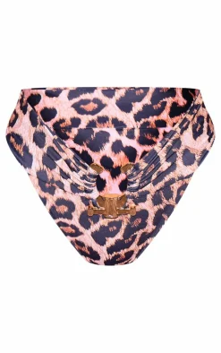 Leopard Print Hammered Trim High Waist Bikini Bottoms