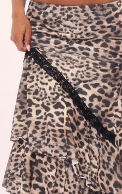 Leopard Print Layered Low Rise Maxi Skirt