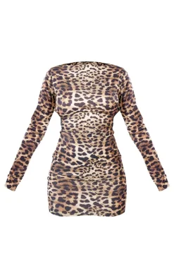 Leopard Print Long Sleeve Open Tie Back Mini Dress