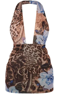 Leopard Print Mesh Backless Halterneck Bodycon Dress