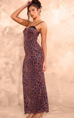 Leopard Print Mesh Cup Cami Maxi Dress