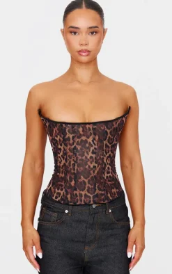 Leopard Print Mesh Lace Up Detail Bandeau Corset