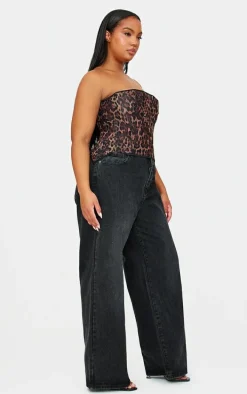 Leopard Print Mesh Lace Up Detail Bandeau Corset