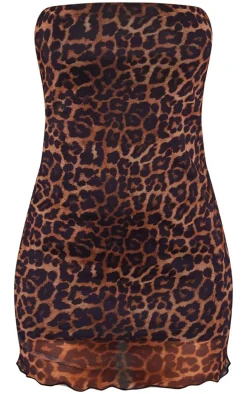 Leopard Print Mesh Lettuce Hem Bandeau Bodycon Dress