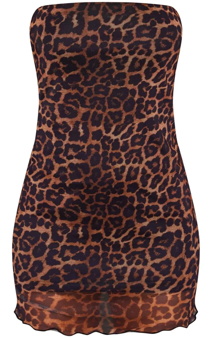 Leopard Print Mesh Lettuce Hem Bandeau Bodycon Dress