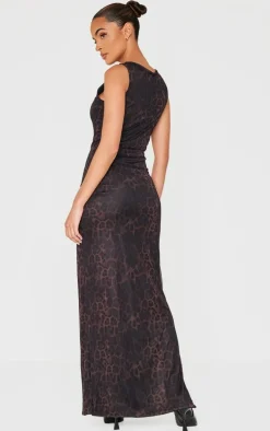 Leopard Print Mesh Printed Racer Neck Maxi Dress