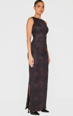 Leopard Print Mesh Printed Racer Neck Maxi Dress