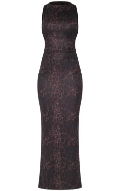 Leopard Print Mesh Printed Racer Neck Maxi Dress