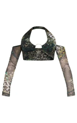 Leopard Print Off The Shoulder Halterneck Ring Detail Crop Top