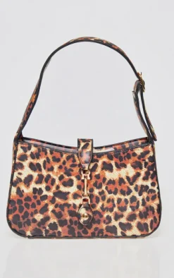 Leopard Print Satin Clasp Detail Shoulder Bag