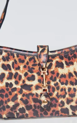 Leopard Print Satin Clasp Detail Shoulder Bag