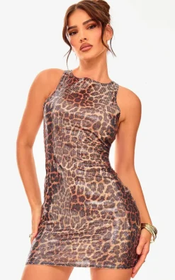 Leopard Print Sequin Racer Neck Mini Dress