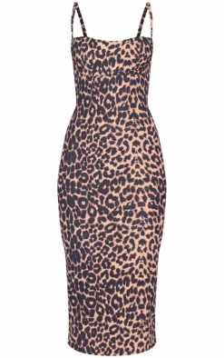 Leopard Print Strappy Cup Detail Midi Dress