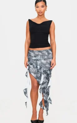 Leopard Printed Crinkle Satin Asymmetric Handkerchief Hem Skirt