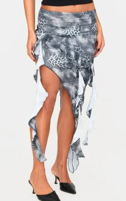 Leopard Printed Crinkle Satin Asymmetric Handkerchief Hem Skirt