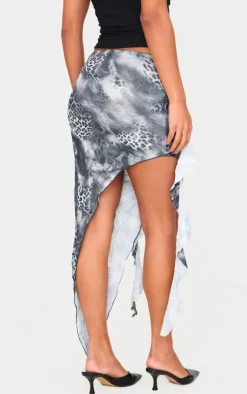 Leopard Printed Crinkle Satin Asymmetric Handkerchief Hem Skirt