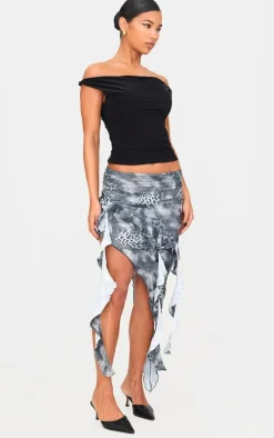 Leopard Printed Crinkle Satin Asymmetric Handkerchief Hem Skirt