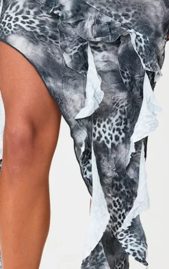 Leopard Printed Crinkle Satin Asymmetric Handkerchief Hem Skirt