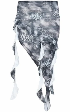 Leopard Printed Crinkle Satin Asymmetric Handkerchief Hem Skirt