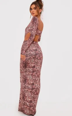 Leopard Printed Double Layer Slinky Long Sleeve Midaxi Dress