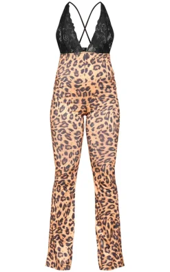 Leopard Printed Lace Halter Neck Slinky Jumpsuit