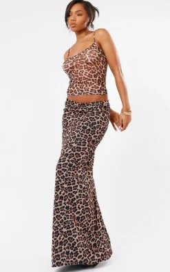 Leopard Printed Lined Mesh Maxi Skirt