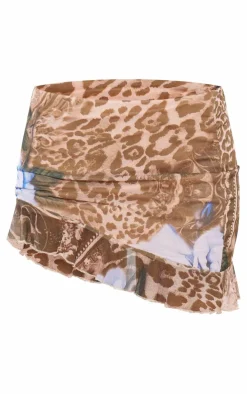 Leopard Printed Mesh Asymmetric Mini Skirt