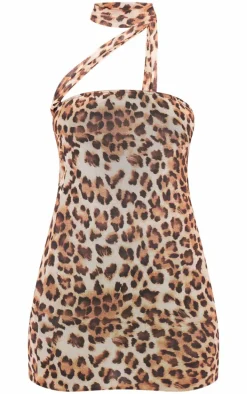 Leopard Printed Mesh Tie Neck Mini Dress