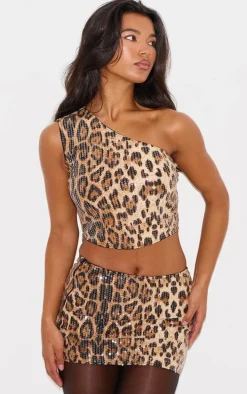 Leopard Printed Sequin One Shoulder Crop Top