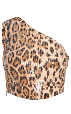 Leopard Printed Sequin One Shoulder Crop Top