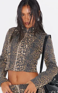 Leopard Printed Twill Biker Jacket