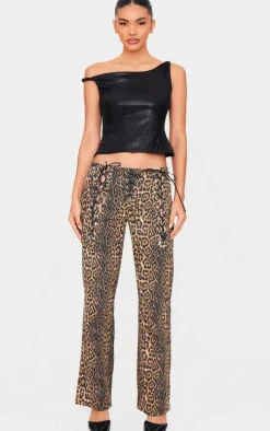 Leopard Printed Twill Lace Up Detail Flared Pants