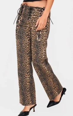Leopard Printed Twill Lace Up Detail Flared Pants