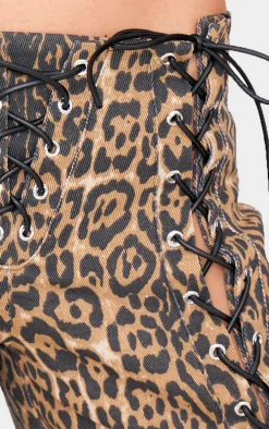 Leopard Printed Twill Lace Up Detail Flared Pants