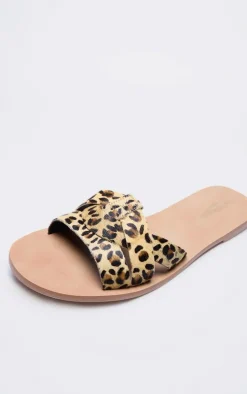 Leopard Real Leather Wide Fit Flat Mule Sandals