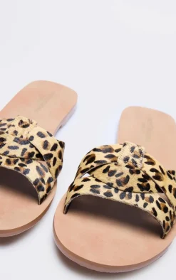 Leopard Real Leather Wide Fit Flat Mule Sandals