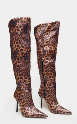 Leopard Satin Point Toe Over The Knee High Stiletto Heeled Boots