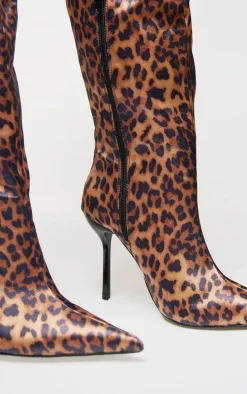 Leopard Satin Point Toe Over The Knee High Stiletto Heeled Boots